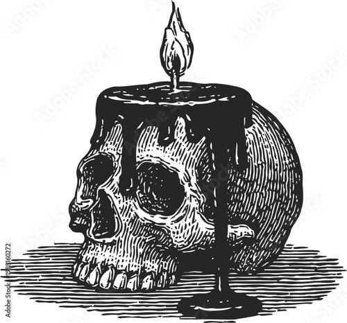 black candle melting on human skull with dripping wax detailed vintage engraving illustration