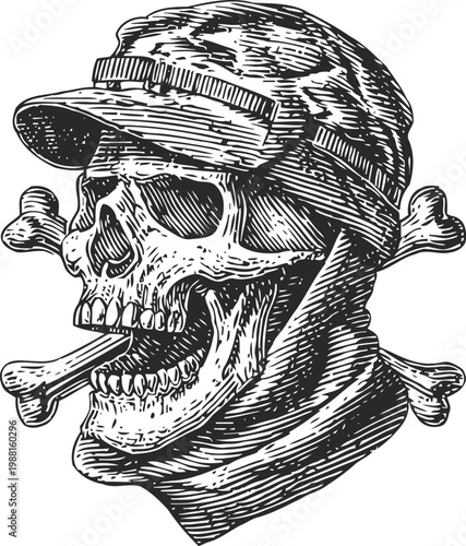 Skull with military cap and crossed bones vintage detailed engraving illustration of pirate symbol