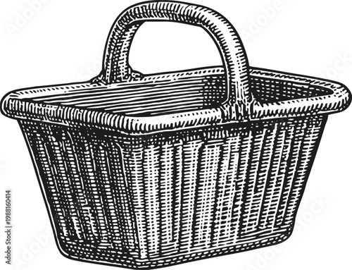 Woven picnic basket with handle vintage black and white hand drawn illustration on white background