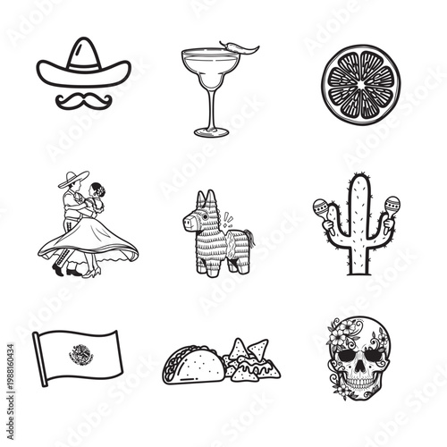 Mexican themed vector illustrations isolated on white background