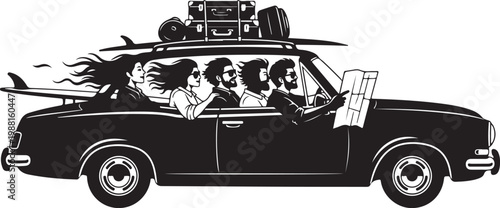 Vintage car, family road trip, travel illustration, black and white vector