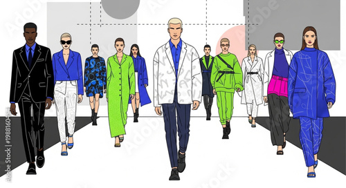 Fashion show models walking on runway diverse styles and colors.