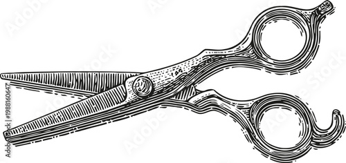 Vintage hair thinning scissors illustration in engraving barber tool with textured details