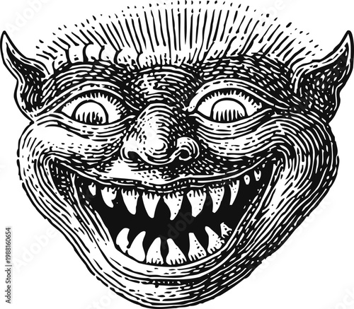 Vintage devil face illustration with a mischievous wide grin and sharp teeth