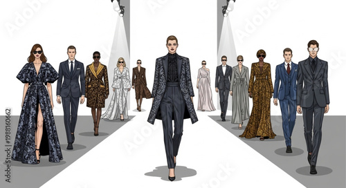 Fashion show models walking on runway in designer clothing.