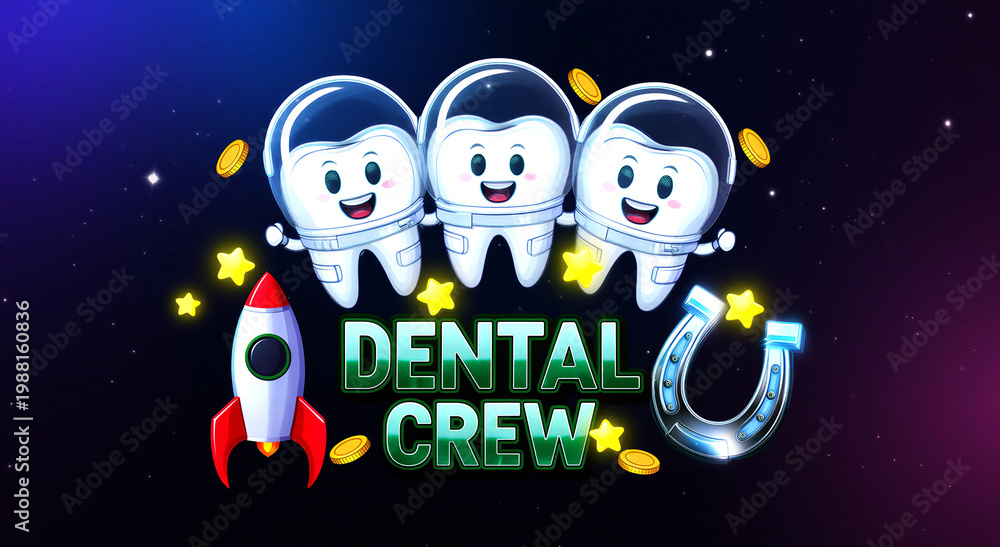 Naklejka premium Cute cartoon astronaut teeth characters with rocket and lucky symbols for dental care promotion and fun kids design