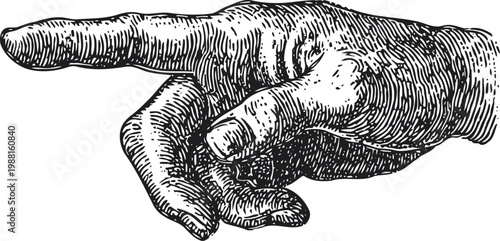 Vintage detailed hand pointing finger leftward engraved illustration of human hand gesture