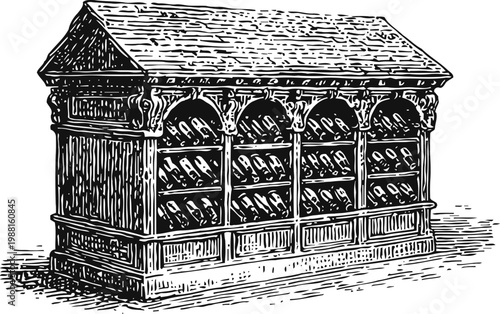 Antique wooden bookshelf with multiple arched compartments filled with books, vintage library furniture