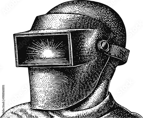 Vintage welder helmet illustration with protective face shield detailed engraving