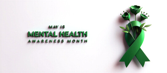 Green mental health awareness ribbon with flowers for may awareness month campaign design
