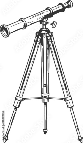 Vintage telescope on adjustable tripod stand antique astronomical instrument for sky observation and navigation