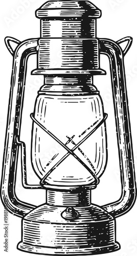 Vintage kerosene lantern illustration old metal oil lamp with glass chamber and protective frame retro camping or emergency light design