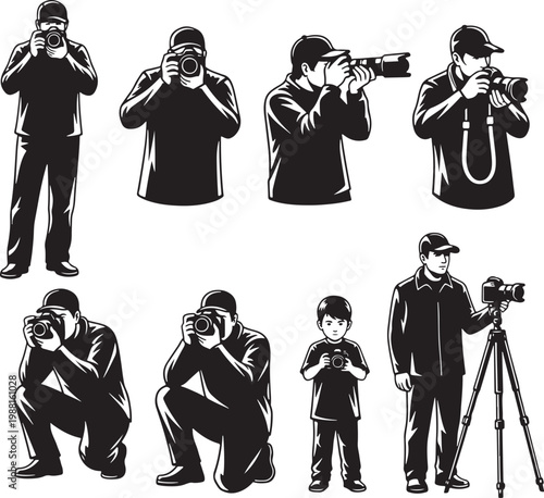 Professional photographer silhouettes set, black and white vector collection of 8 cameramen with DSLR cameras and tripod, photography hobby icons