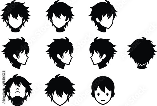 Vektor-Set mit verschiedenen Ansichten eines Jungenkopfes im Anime-Stil mit unordentlichem Haar.