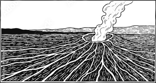 Volcano eruption with smoke rising from crater black and white landscape with flowing lava and mountain ridge