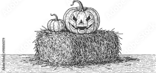 Halloween carved jack o lantern pumpkins on haystack, autumn spooky decoration, vintage ink drawing