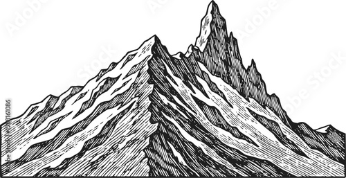 Detailed black and white drawing of mountain peak with sharp ridges and textured slopes