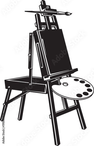 Vintage artist easel with wooden palette and paintbrush, classic painter studio equipment, black and white woodcut style vector illustration