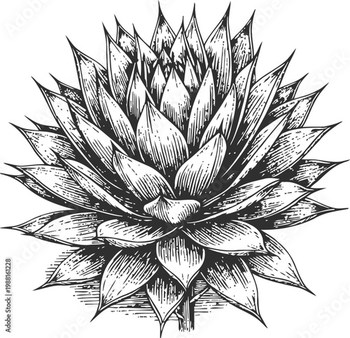 Detailed black and white illustration of an artichoke vegetable with textured leaves in vintage