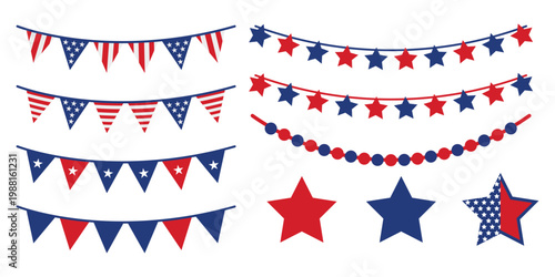 Fotografía Set of patriotic bunting  USA flags and stars for 4th of july, independence day,