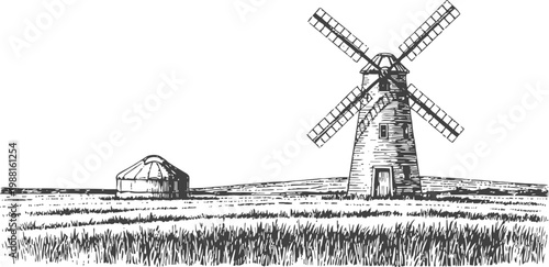 historic windmill and yurt in a rural grain field black and white sketch illustration