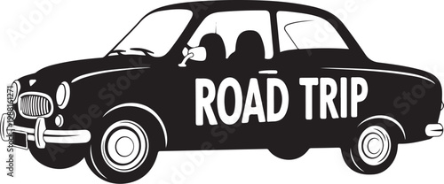Road trip car vector, vintage automobile illustration, black and white, travel sticker