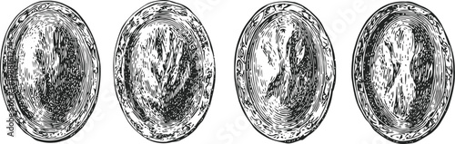 Four vintage oval silver trays with ornate engraved edges isolated on white background