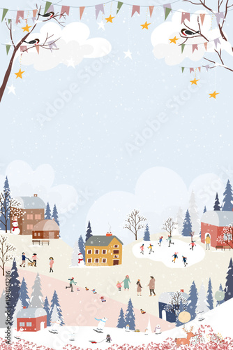 Winter Christmas background illustration,V ector cartoon people enjoying snow activity in village,house, trees,festive decoration.Snowy winter scene for holiday banner, greeting card,New Year seasonal