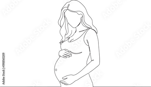 A pregnant woman with long hair standing and holding her belly in a simple line drawing.