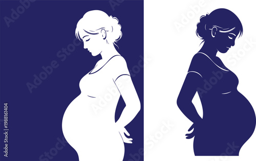 A pregnant woman stands in contrasting blue and white silhouettes, symbolizing duality and harmony.