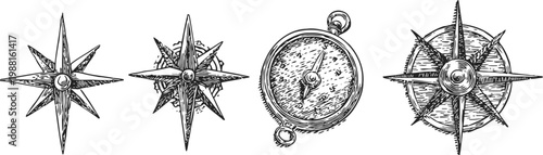 Vintage compass and nautical star illustrations with detailed hand drawn designs and intricate linework