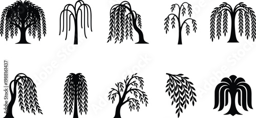 Set von zehn verschiedenen schwarzen Silhouetten von Trauerweiden-Bäumen.