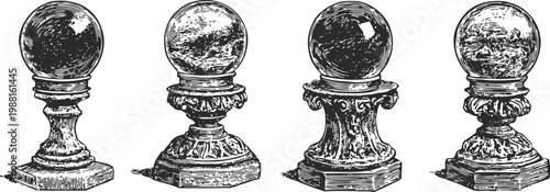 Vintage glass crystal balls on ornate decorative stone pedestals, antique mystical divination objects