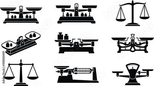 Neun verschiedene Arten von Waagen, dargestellt als schwarze Piktogramme auf weißem Hintergrund.