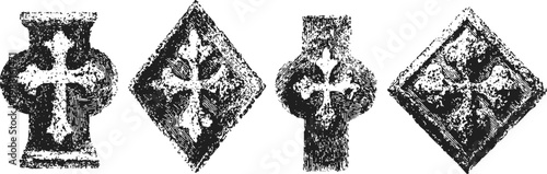 medieval crosses set in different shapes with textured stone effect ancient religious symbols in dark monochrome