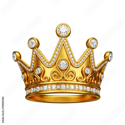 Golden crown with diamonds and jewels isolated on transparent background