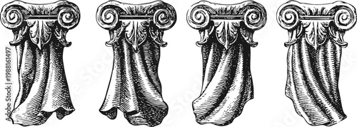 classical ionic columns vintage engraving set with detailed scroll capitals and fluted shafts