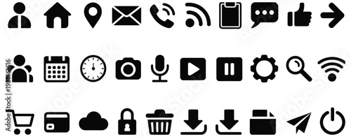 Set of essential web and mobile interface glyph icons, vector illustration collection of symbols for navigation, settings, messaging, and digital application design systems.