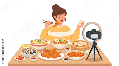 Mukbang Food Vlogger Eating Large Meal While Recording Video - Flat Vector Content Creator Illustration