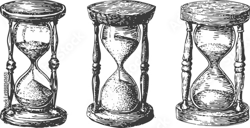 Vintage hourglass drawings set hand drawn sand timers with wooden frames in different designs and shapes