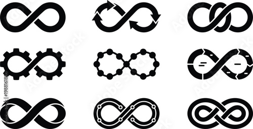 Sammlung von neun verschiedenen stilisierten Unendlichkeitssymbolen, die Konzepte wie Zyklus, Technologie und Ewigkeit darstellen.