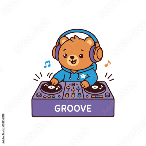 Cute DJ Bear Playing Music Cartoon Vector Illustration
