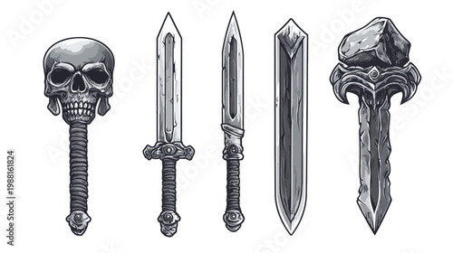 Black and white illustration of four swords and one skull mace, stylized for a fantasy theme