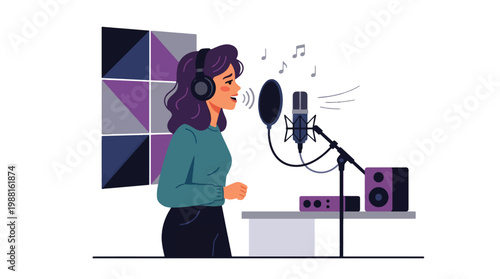 Singer Recording Vocals in Studio with Microphone - Flat Vector Music Production Illustration