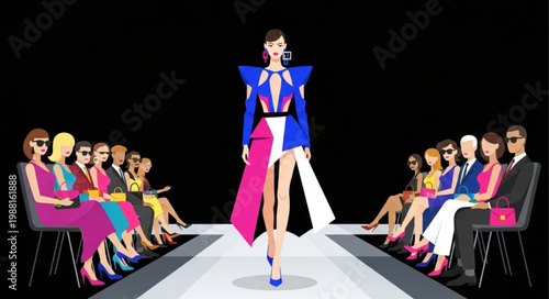 Fashion model walks down runway during a fashion show event with audience watching.