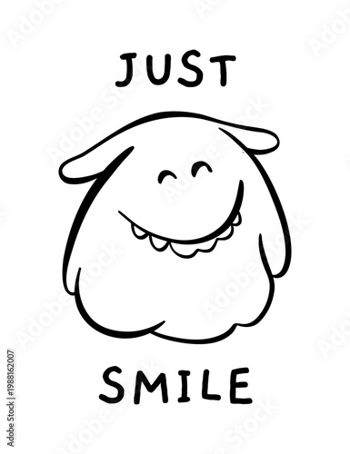 Cute smiling cartoon monster with simple black line art conveying happiness and positivity, perfect for social media, greeting cards, posters, stickers and children’s projects!