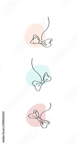 Minimal hand drawn bow illustrations with soft pastel shapes and delicate ribbons on strings, feminine playful design ideal for stationery invitations logos packaging branding and social media