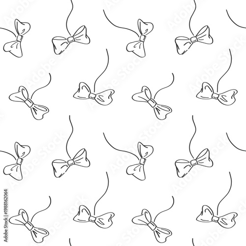 Hand-drawn seamless bow pattern in black and white line art, playful repeated bows on strings ideal for fabric, wallpaper, stationery, packaging, wrapping, web and print use also