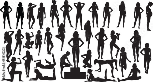 A collection of black silhouettes of women in various poses and yoga positions.