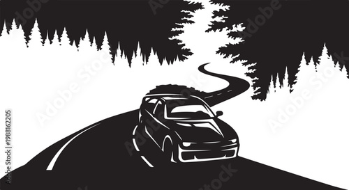 Black car, road, forest vector illustration, silhouette, monochrome